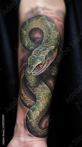 Tattoo Schlange auf menschlichem Arm. Hochkant. Generative Ai. photo