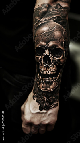 Tattoo Skull Schädel Totenkopf auf menschlichem Arm. Hochkant. Generative Ai. photo