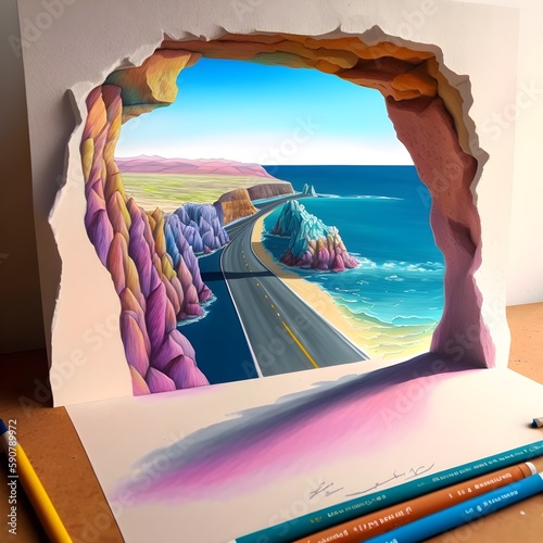 Canvastavla un paysage en perspective de diffrentes couleurs pastels une route qui va vers l