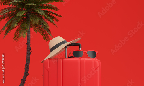 red Suitcase, Palm tree, hat and sun glasses on red background. Vacation on the beach. 3d rendering.