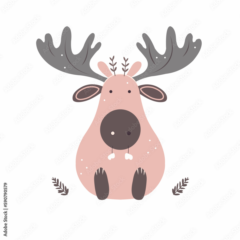 Simple vector grey baby moose. Nursery animal. Scandinavian style. Forest friends. Isolated on a white background. Simple vector grey baby moose. Nursery animal. Scandinavian style. Forest friends. Isolated on a white background.