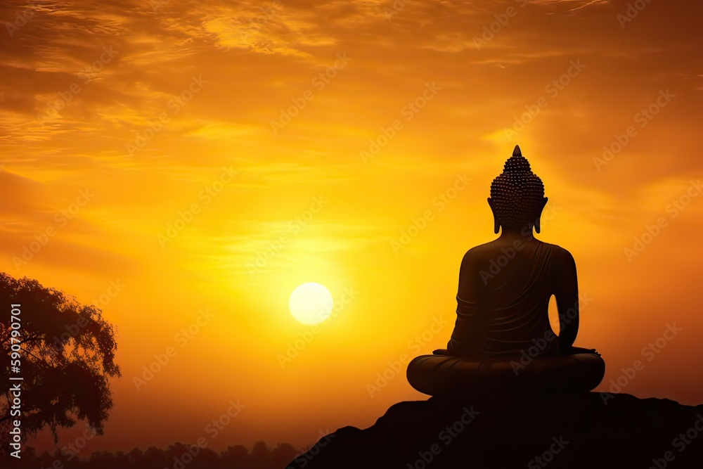 silhouette buddha and golden temple, generative AI