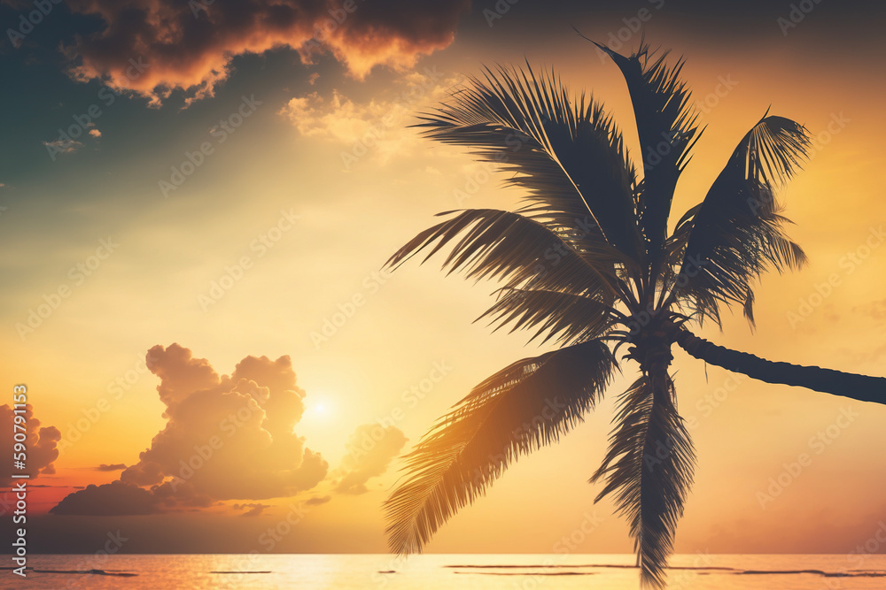Palm tree at sunset, tropical wallpaper. AI