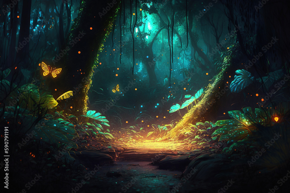 Night tropical jungle with fireflies. Atmospheric fantasy forest. AI	