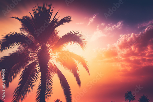 Palm tree at sunset  tropical wallpaper. AI