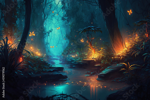 Night tropical jungle with fireflies. Atmospheric fantasy forest. AI 