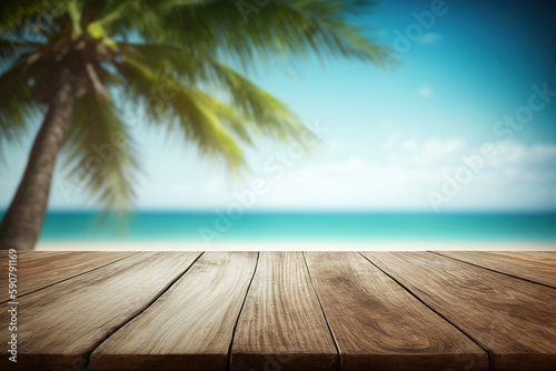 Empty wooden table with tropical beach on background. AI 