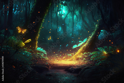 Night tropical jungle with fireflies. Atmospheric fantasy forest. AI 