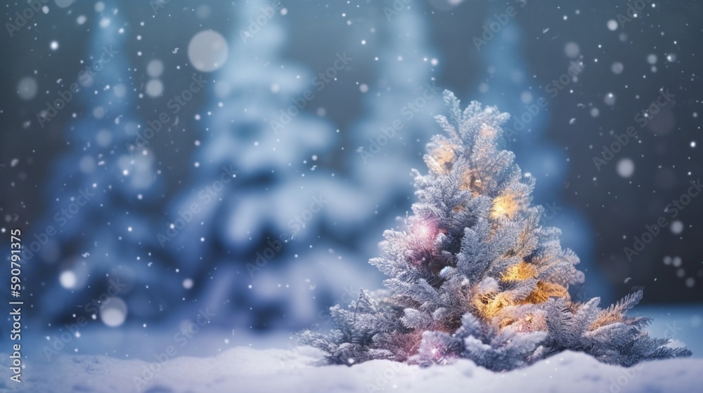 クリスマスの冬のぼやけた背景。ガーランドライトで飾られた雪とXmasツリー、休日のお祝いの背景。ワイドスクリーンの背景。新年 冬のアートデザイン、ワイドスクリーンのホリデーボーダーGenerativeAI
