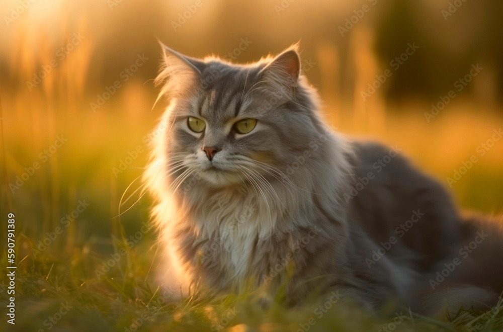 Portrait of a fluffy gray cat outdoor. Generative AI.