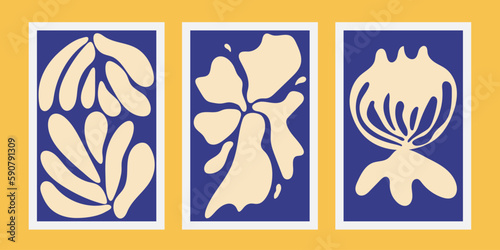 A collection of abstract murals, Matisse-style wallpaper by hand. Minimalistic art, summer floral drawings. Isolated vector illustrations. Vintage style.