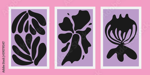 A set of abstract floral panels, Matisse-style wallpaper. Minimalistic art, summer plant drawings. Isolated vector illustrations.