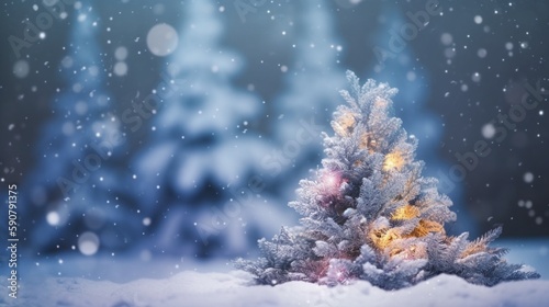 クリスマスの冬のぼやけた背景。ガーランドライトで飾られた雪とXmasツリー、休日のお祝いの背景。ワイドスクリーンの背景。新年 冬のアートデザイン、ワイドスクリーンのホリデーボーダーGenerativeAI © enopi