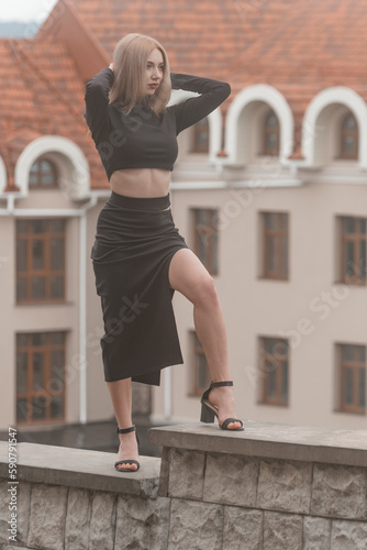 Full-length portrait of slender young girl in long tight-fitting skirt and crop top with slit and heels. Vertical frame.
