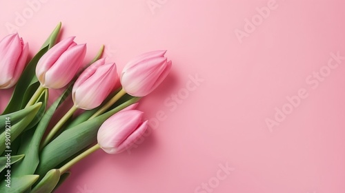 美しいコンポジション春の花。パステルピンクの背景にピンクのチューリップの花のブーケ。バレンタインデー、イースター、誕生日、ハッピーウーマンズデー、母の日。フラットレイ、トップビュー、コピースペースGenerativeAI