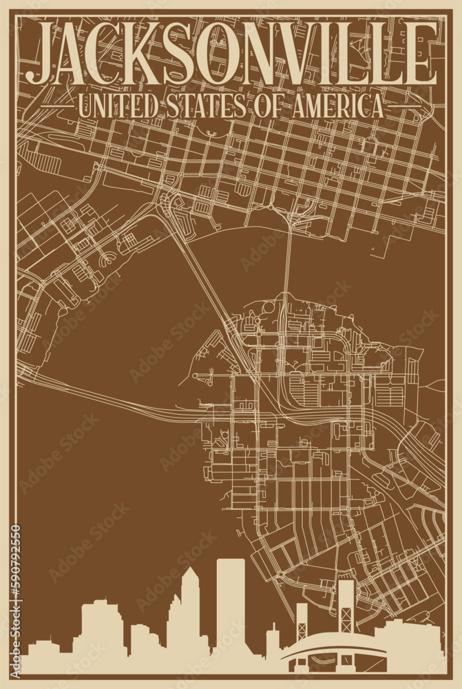 Fototapeta premium Colorful hand-drawn framed poster of the downtown JACKSONVILLE, UNITED STATES OF AMERICA with highlighted vintage city skyline and lettering