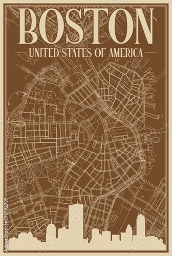 Colorful hand-drawn framed poster of the downtown BOSTON  UNITED STATES OF AMERICA with highlighted vintage city skyline and lettering