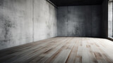Concrete room with wooden floors for product placement created with Generative AI