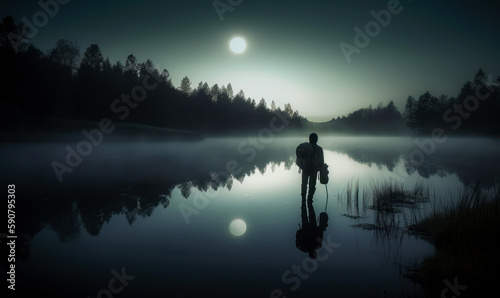 Silhouette of a man with backpack and stick standing in the water. Still river surrounded by woods at backdrop. Moon reflecting in the water. Generative AI.