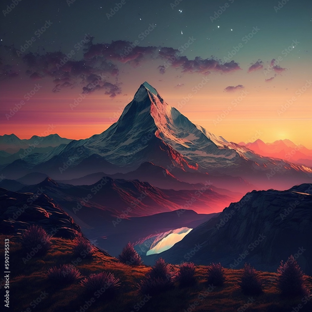 illustration of a mountain with a sunrise background. 