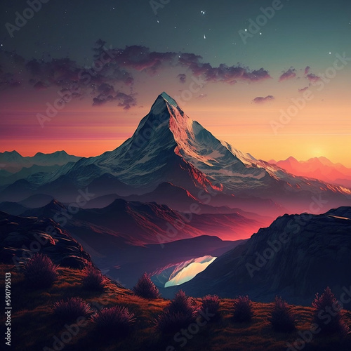 illustration of a mountain with a sunrise background. 