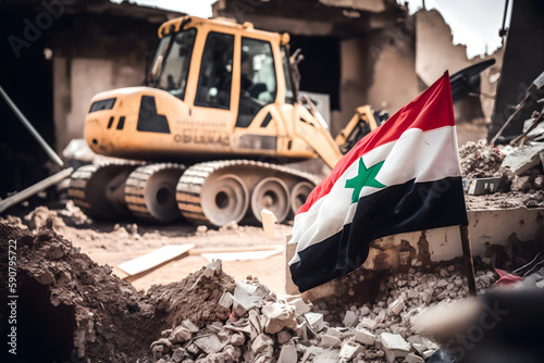 Country Syria Destroy after Earthquake, working Rescue service excavator clears rubble of house after natural disaster. Generation AI