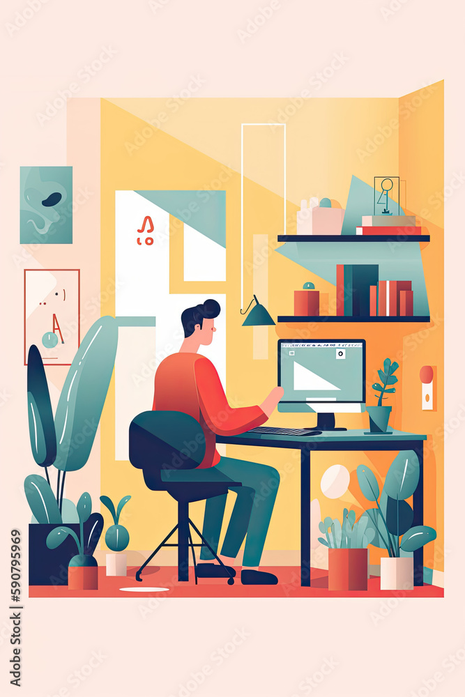 A person browsing products on a computer device while sitting at a desk, flat illustration A person browsing products on a computer device while sitting at a desk, flat illustration