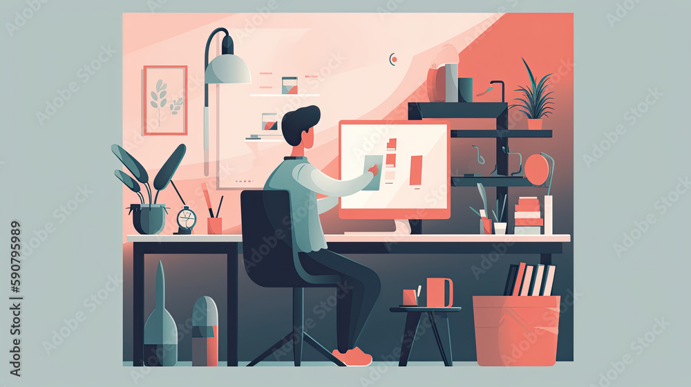 A person browsing products on a computer device while sitting at a desk, flat illustration A person browsing products on a computer device while sitting at a desk, flat illustration