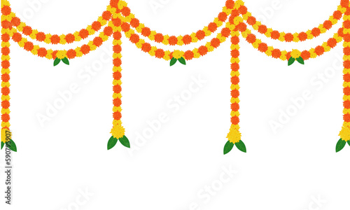 Traditional indian marigold toran floral garland vector,wedding and festival decoration,border flower decoration with transparent background photo