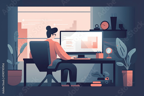 A person browsing products on a computer device while sitting at a desk, flat illustration