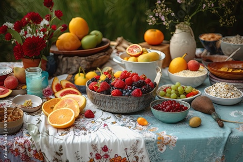 Summer food table, fresh fruits and beverages, generated via AI