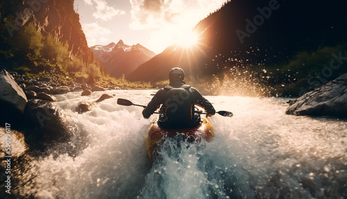 Extreme sport rafting, Back view man in kayak sails mountain river with sun light. Generation AI