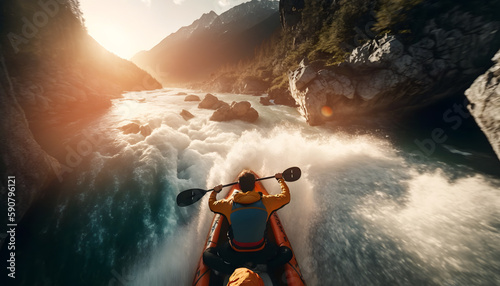 Rafting Extreme sport kayak sails mountain river with sun light, Whitewater kayaking. Generation AI