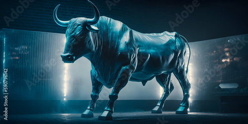 Concept financial technological sector in stock market, banner. Symbol Bull digital blockchain, blue color. Generation AI © Adin