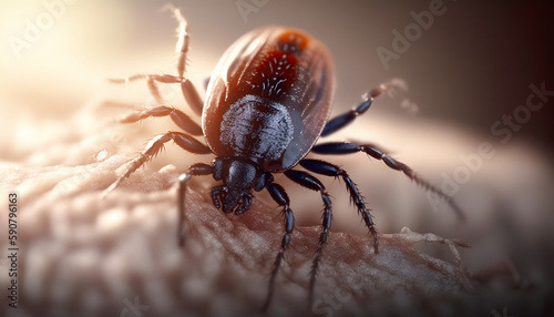 Infected tick on human skin. Ixodes lyme ricinus mite. Dangerous biting insect macro photo. AI generation © Adin
