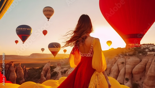 Amazing view Cappadocia woman in yellow dress background hot air balloons. Concept travel Turkey. Generation AI