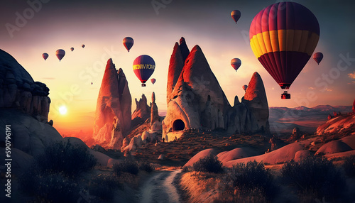 Amazing Landscape in Cappadocia with colorful hot air balloon fly on sunset. Concept country Turkey travel. Generation AI.