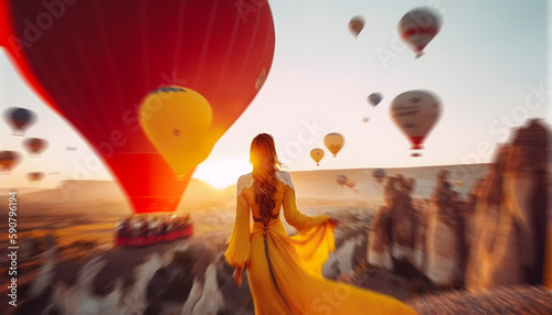 Beautiful woman in red dress standing and looking to hot air balloons in Cappadocia, Turkey. Concept travel Goreme. Generation AI