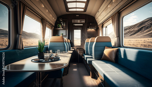 luxury interior in private modern business train railway and sunlight in window. Generation AI © Adin