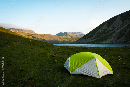 Green tent view panorama with Levanis lake in Georgia