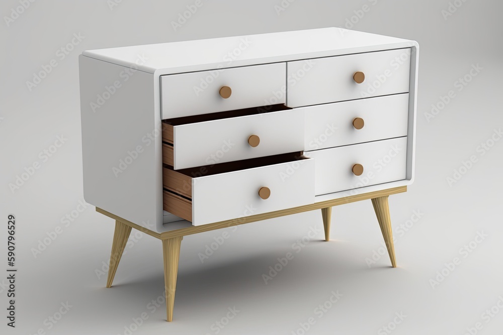 minimalist white dresser with wooden legs and three drawers. Generative AI minimalist white dresser with wooden legs and three drawers. Generative AI