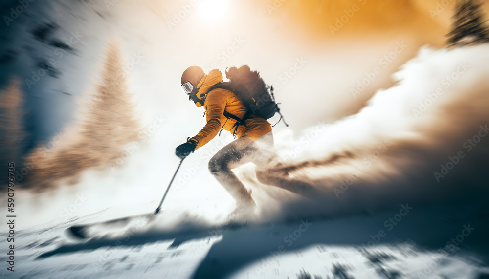 Extreme skiing. Freeride ski in fresh powder snow with sunlight. Winter action photo. Generation AI - obrazy, fototapety, plakaty 