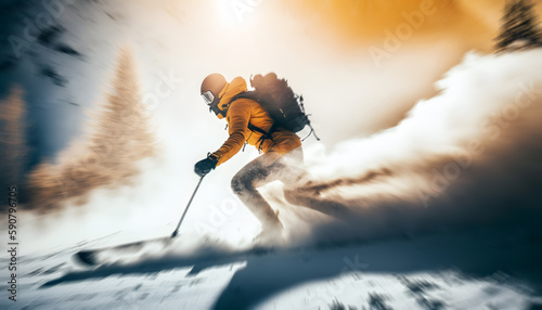 Extreme skiing. Freeride ski in fresh powder snow with sunlight. Winter action photo. Generation AI