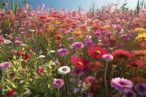 field of colorful abstract flower meadow as a panorama background, Generative AI 