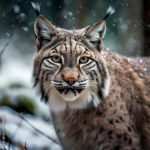 Lynx (Lynx Lynx) in a wintry setting in the forest, with snowfall, ai generated
