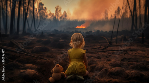 A child in a dystopian world alone in the face of disaster created with Generative AI technology photo