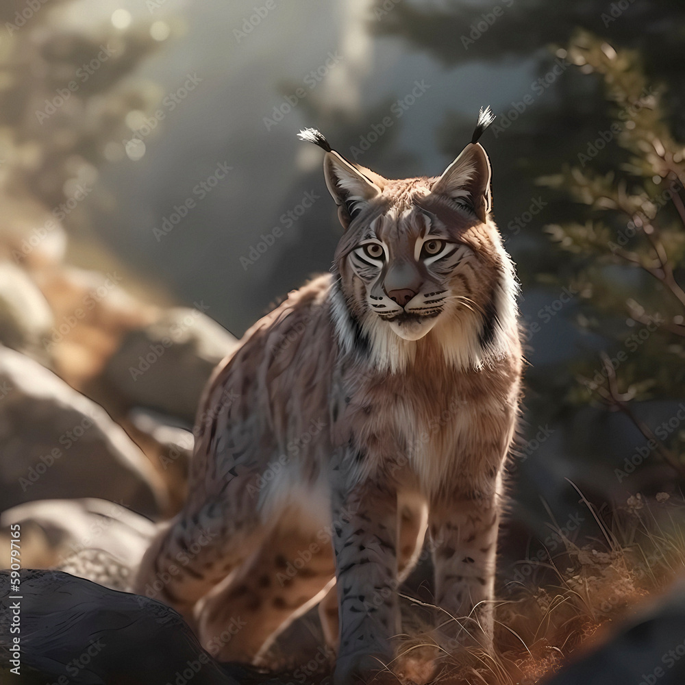 Obraz premium Lynx (Lynx Lynx) in a summery setting in the forest, with snowfall, ai generated