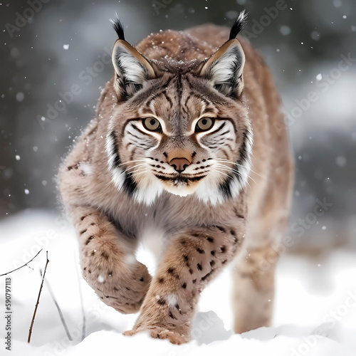 Lynx (Lynx Lynx) in a wintry setting in the forest, with snowfall, ai generated © David Brown