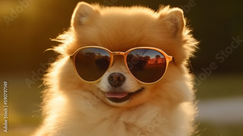 Very funny Pomeranian dog with sun glasses created with Generative AI technology © aylerein