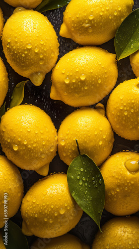 Still life overhead shot of fresh lemons with water drops